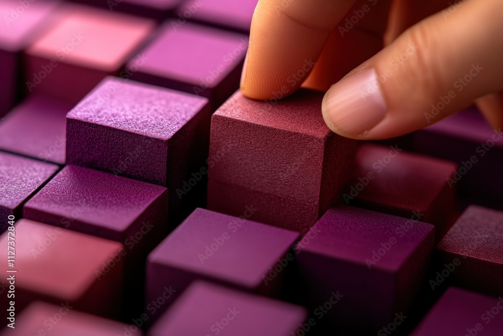 Aufkleber A hand adjusts a purple cube among a collection of similar cubes, emphasizing texture and color.