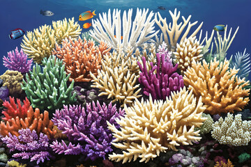 Obraz premium Vibrant coral reef teeming with colorful corals and fish in clear ocean water.
