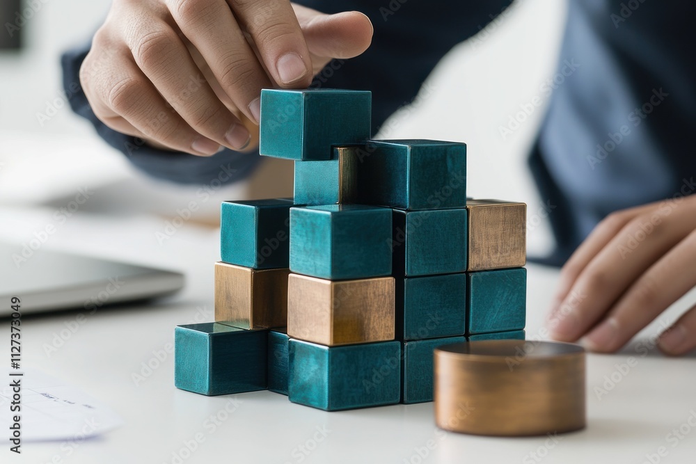 Poster a person stacking teal and bronze cubes, engaged in a creative or problem-solving activity.