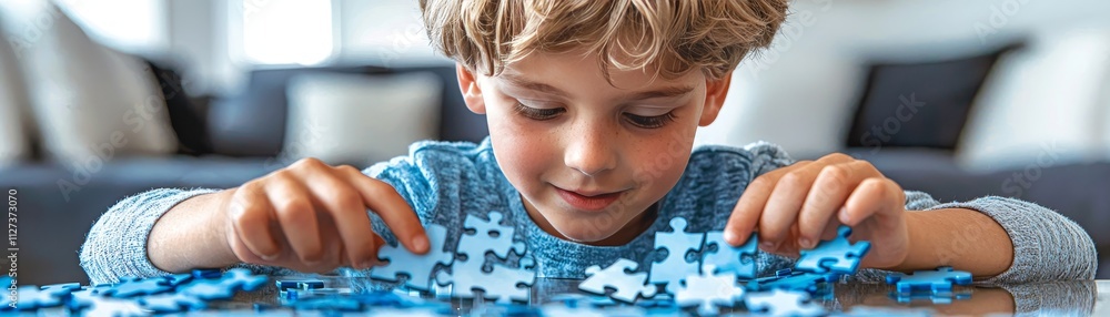 Poster child engaging with digital puzzle technology home environment interactive learning experience gener