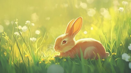 Fototapeta premium Soft-Focused Illustration of a Rabbit in a Sunlit Meadow