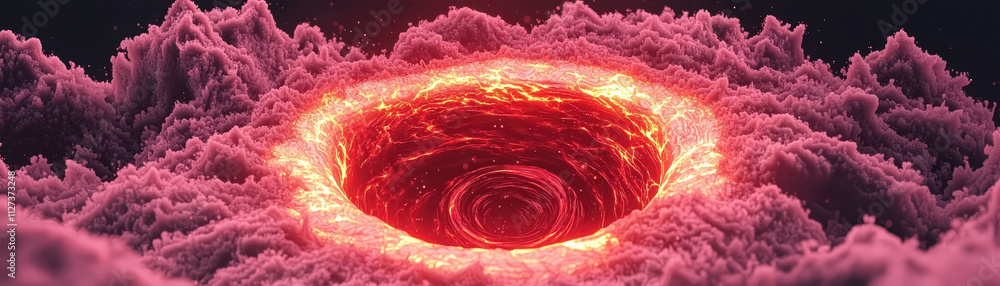 Poster vibrant digital abstract background featuring swirling vortex of red and pink hues, surrounded by fl
