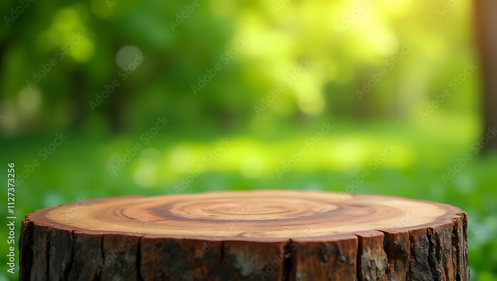 Poster Old tree stump tabletop with blurred green garden background perfect for creating product displays or design key visuals._00002_