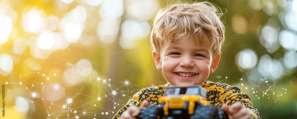 Poster a child from generation alpha engaging with innovative smart robot technology in a natural outdoor s