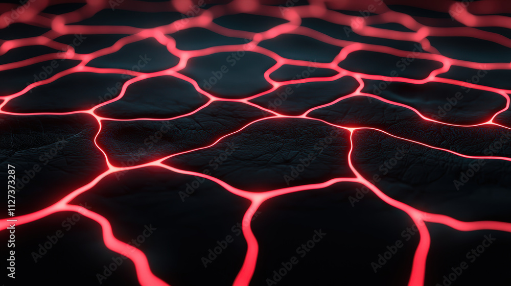 Poster digital abstract background featuring glowing red lines on dark surface, creating network like texture. This visually striking design evokes sense of depth and intrigue