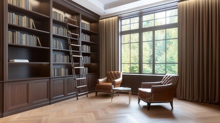 Fototapeta premium Luxury Library with Rolling Ladder and Dark Wood Shelves
