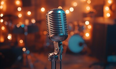 the silver vintage microphone with modern studio elements in the blurred background