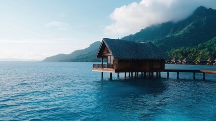 A small wooden house sits on a dock in front of a body of water