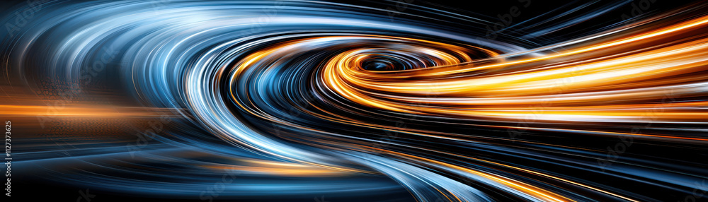 Poster dynamic abstract background featuring swirling blue and orange light trails, creating sense of motio