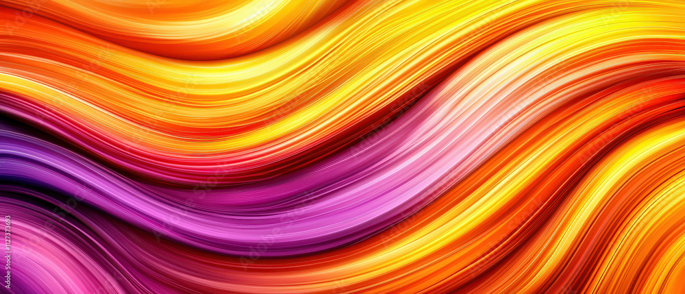 Poster vibrant abstract background with flowing waves in orange, yellow, and purple hues, creating dynamic 