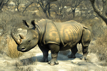 Fototapeta premium A large rhinoceros stands in a dry, savanna-like environment.