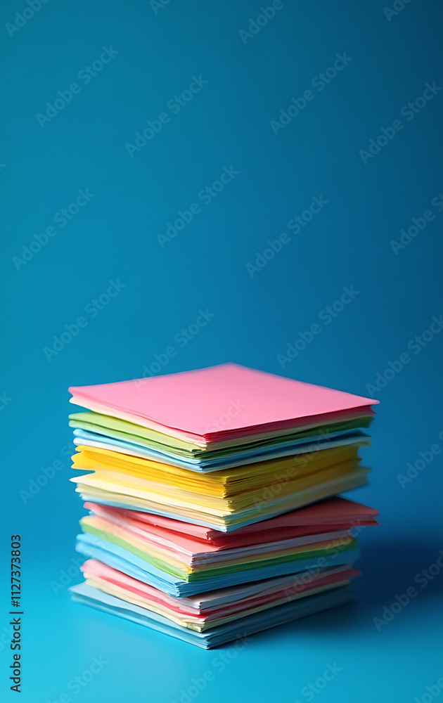 Poster Note paper with vibrant colors is neatly stacked against a deep blue backdrop creating a visually appealing scene._00001_