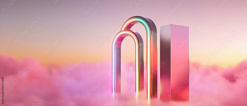 Aufkleber vibrant digital abstract scene featuring colorful arches and tall geometric structure emerging from 