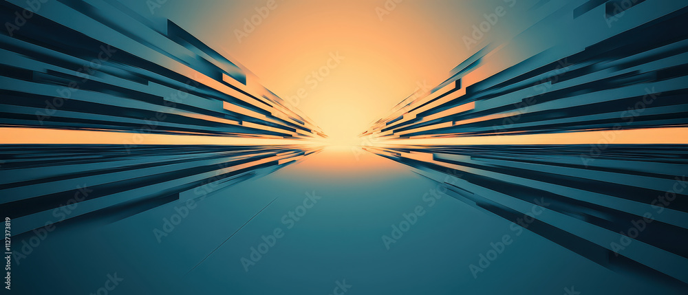 Poster vibrant digital abstract background featuring dynamic lines converging towards bright horizon, creat