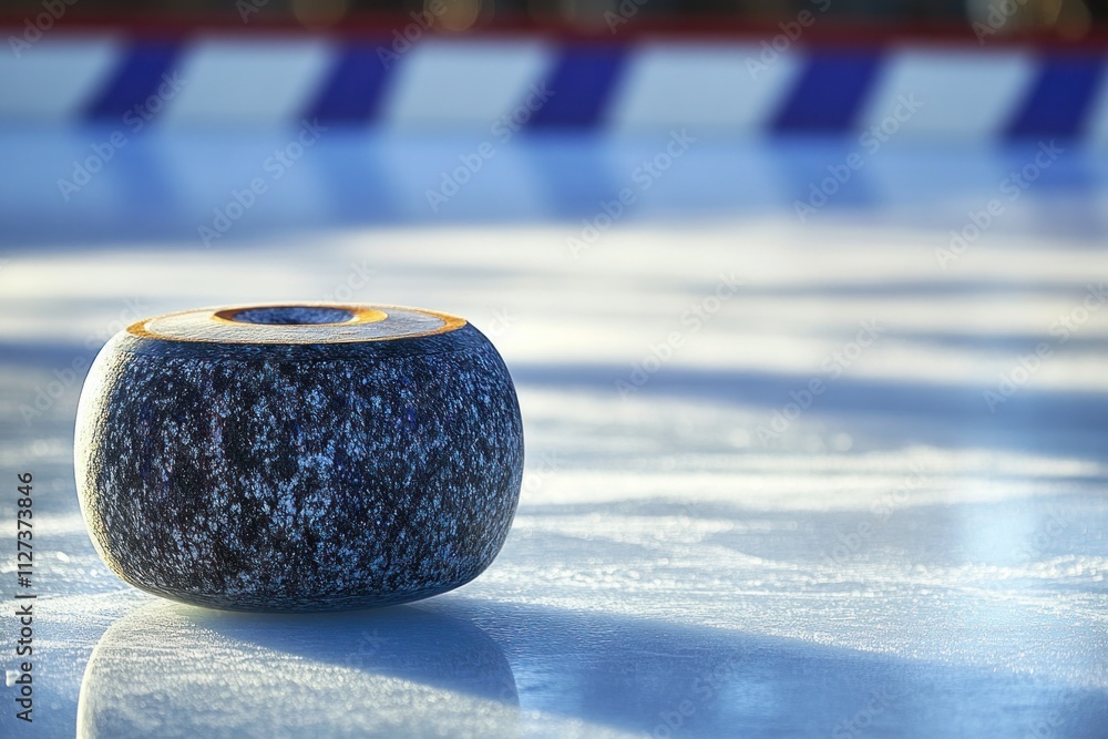 Poster A curling stone resting on an ice rink, ready for the next throw in a curling match.
