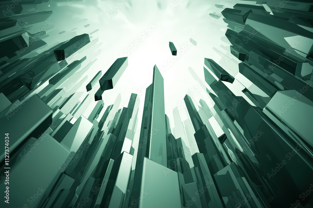 Poster mesmerizing digital abstract background featuring tall, sharp crystal like structures in shades of g