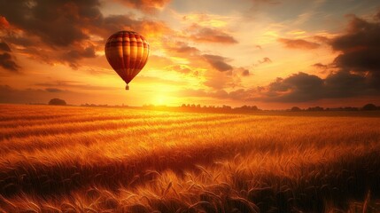 Obraz premium Hot air balloon soaring over golden wheat field at sunset.