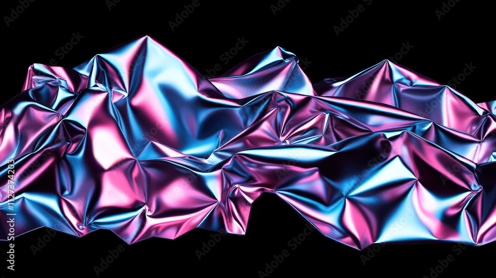 Poster shiny crumpled fabric texture in vibrant blue and pink colors, creating abstract visual effect. smoo