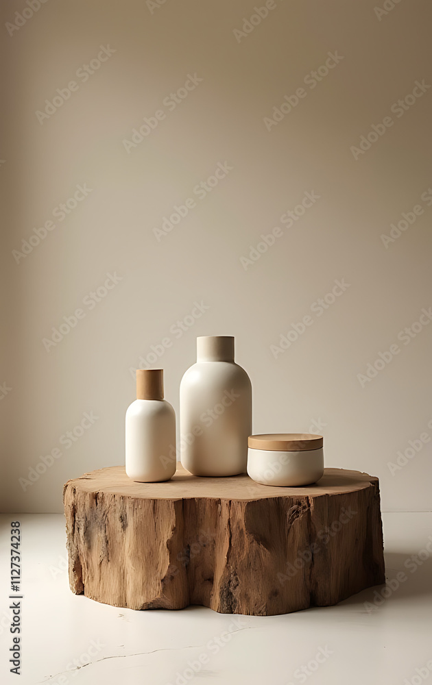 Poster minimalist presentation space features an authentic, natural backdrop such as a rustic wooden stand 