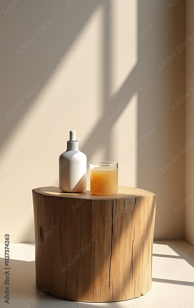 Poster minimalist presentation space features an authentic, natural backdrop such as a rustic wooden stand 