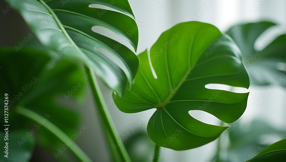 Poster monstera leaves with selective focus add a pop of color to interior decorating compositions and back