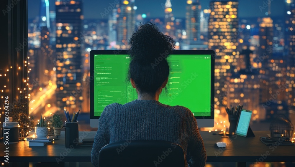 Poster A person coding at a computer with city lights in the background at night.