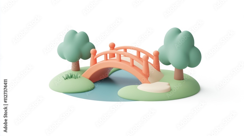 Poster A whimsical, stylized scene featuring a bridge over a pond with trees and grass.