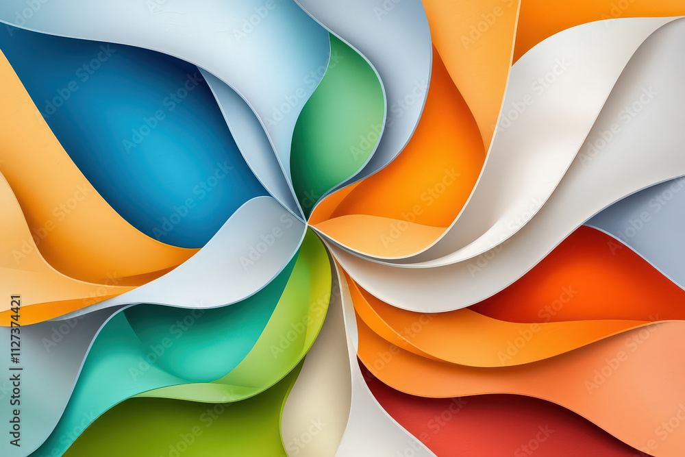 Poster colorful abstract design with swirling paper like shapes in various hues, creating dynamic and vibra