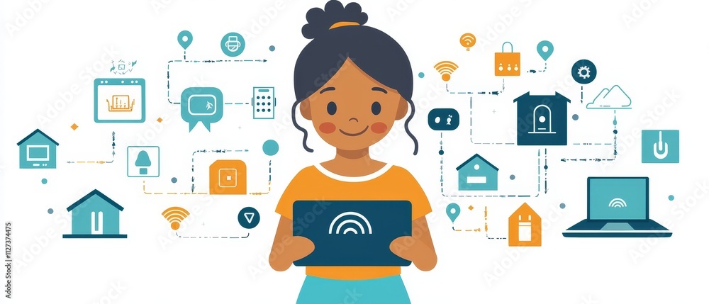 Poster a child from generation alpha engaging with technology through a tablet in a modern home digital lea
