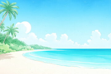 Fototapeta premium serene tropical beach scene featuring palm trees, soft sand, and calm turquoise waters under clear blue sky. peaceful atmosphere invites relaxation and tranquility
