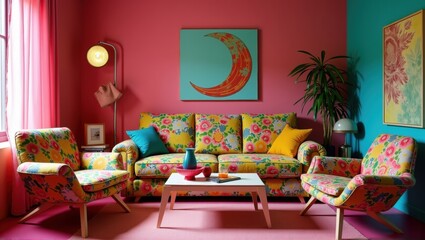Fototapeta premium Vibrant living room with floral-patterned furniture, colorful decor, bold pink and turquoise walls, modern artwork, and a cheerful atmosphere. Generative, AI