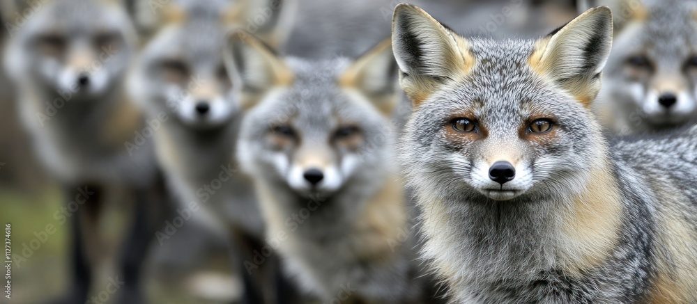 Aufkleber a group of gray foxes standing together, focusing on one in the foreground.