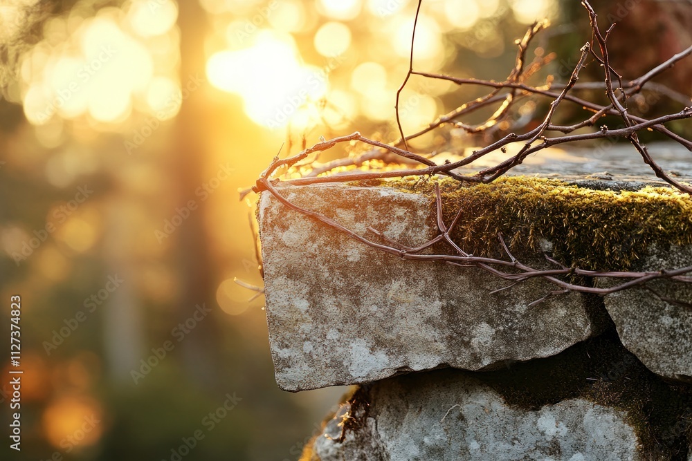 Poster close-up of a moss-covered stone with twigs, illuminated by a warm sunset glow.