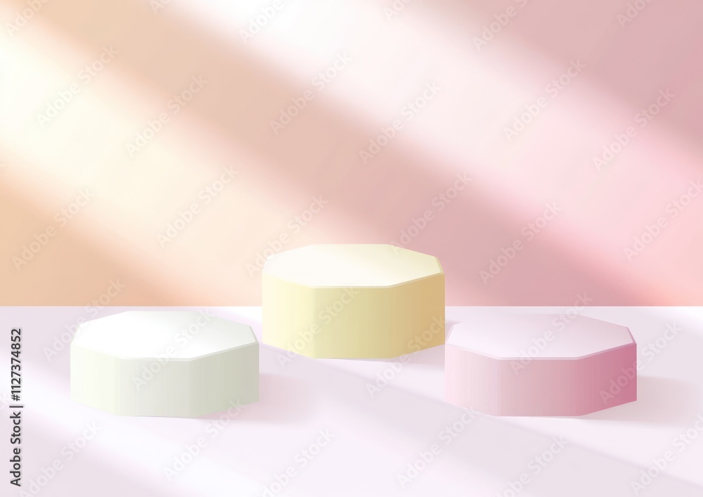 Aufkleber three octagonal shapes in pastel colors on a soft background with light rays.
