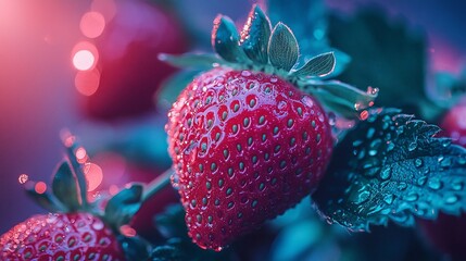 Close-up of a ripe strawberry on the vine with water droplets.