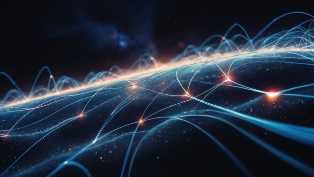 A mesmerizing image of interconnected lines and pulsating nodes against a background filled with stars of space. The lines form a complex web, which suggests a digital network spanning the universe.