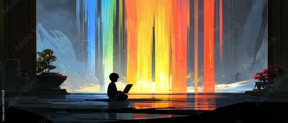 Poster child engaged in digital exploration futuristic rainbow environment technology-driven learning alpha