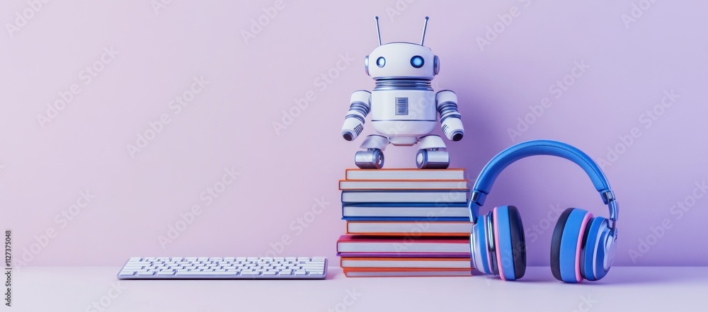 Poster a robot figurine atop books with headphones and a keyboard, symbolizing technology and learning.
