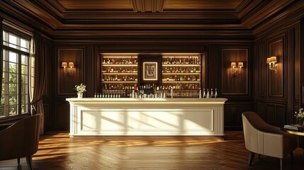 Elegant Bar Interior Design: Luxurious Wooden Paneling and White Bar Counter