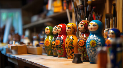 An Artistic Exploration of Russian Matryoshka Dolls Being Painted in a Traditional Workshop with Vibrant Colors and Intricate Designs