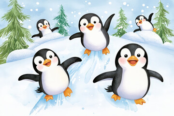Fototapeta premium Playful penguins sliding on snow in winter wonderland with trees. This cheerful scene captures joy and fun of winter activities, perfect for children s