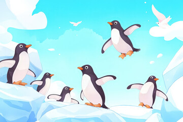 Obraz premium Playful penguins on ice, enjoying sunny day in vibrant blue sky. Their joyful antics create lively scene filled with fun and adventure