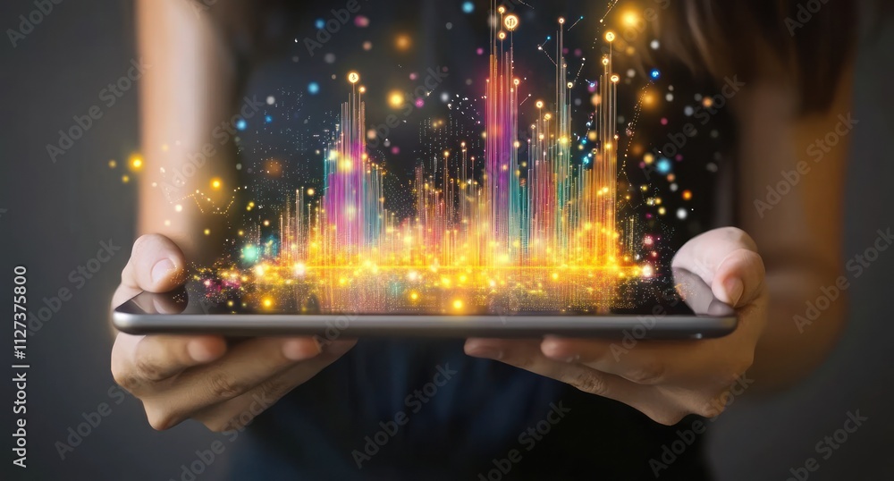 Poster a person holding a tablet, displaying colorful digital data visualizations and sparkles.