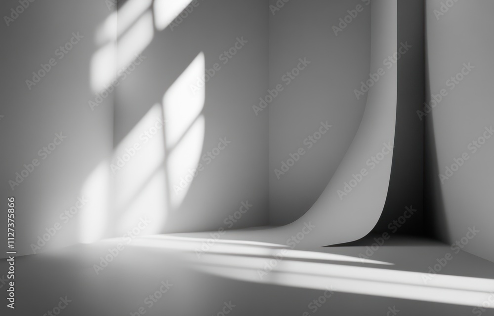 Poster A minimalist room with soft shadows and curves, emphasizing light and space.