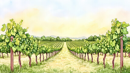 Naklejka premium serene vineyard landscape with rows of grapevines stretching into distance, surrounded by lush greenery and gentle hills under soft sky