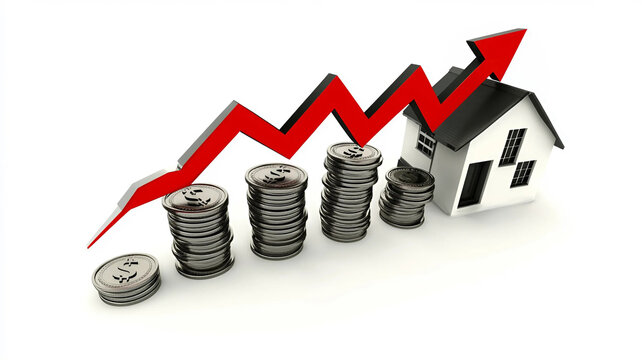 Gr&aacute;fico con casa que muestra la subida del precio del mercado inmobiliario y de la vivienda. 