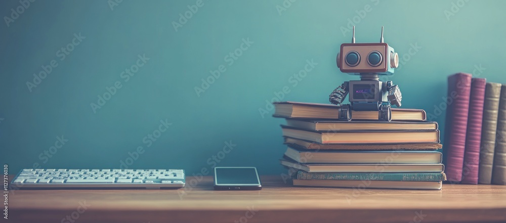 Aufkleber a robot figurine sits atop a stack of books next to a keyboard and smartphone on a desk.