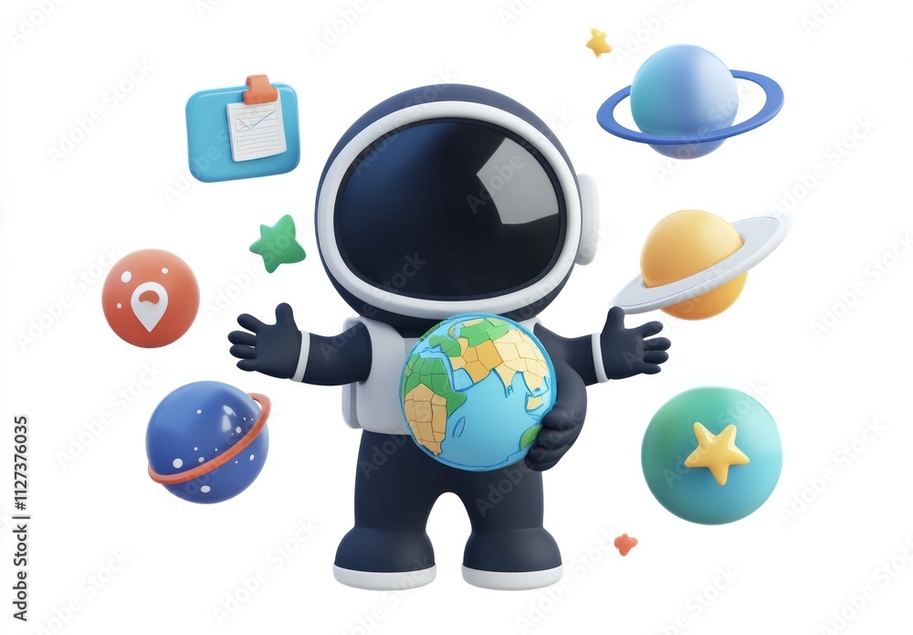 Poster a cartoon astronaut holds a globe surrounded by colorful planets and icons of exploration.