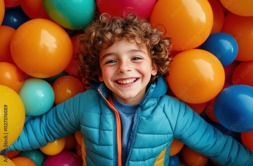 Aufkleber a joyful child surrounded by colorful balls, smiling and enjoying playtime.