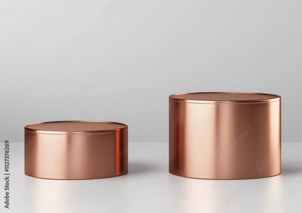 Poster two copper-colored cylindrical containers of varying sizes on a minimalistic surface.